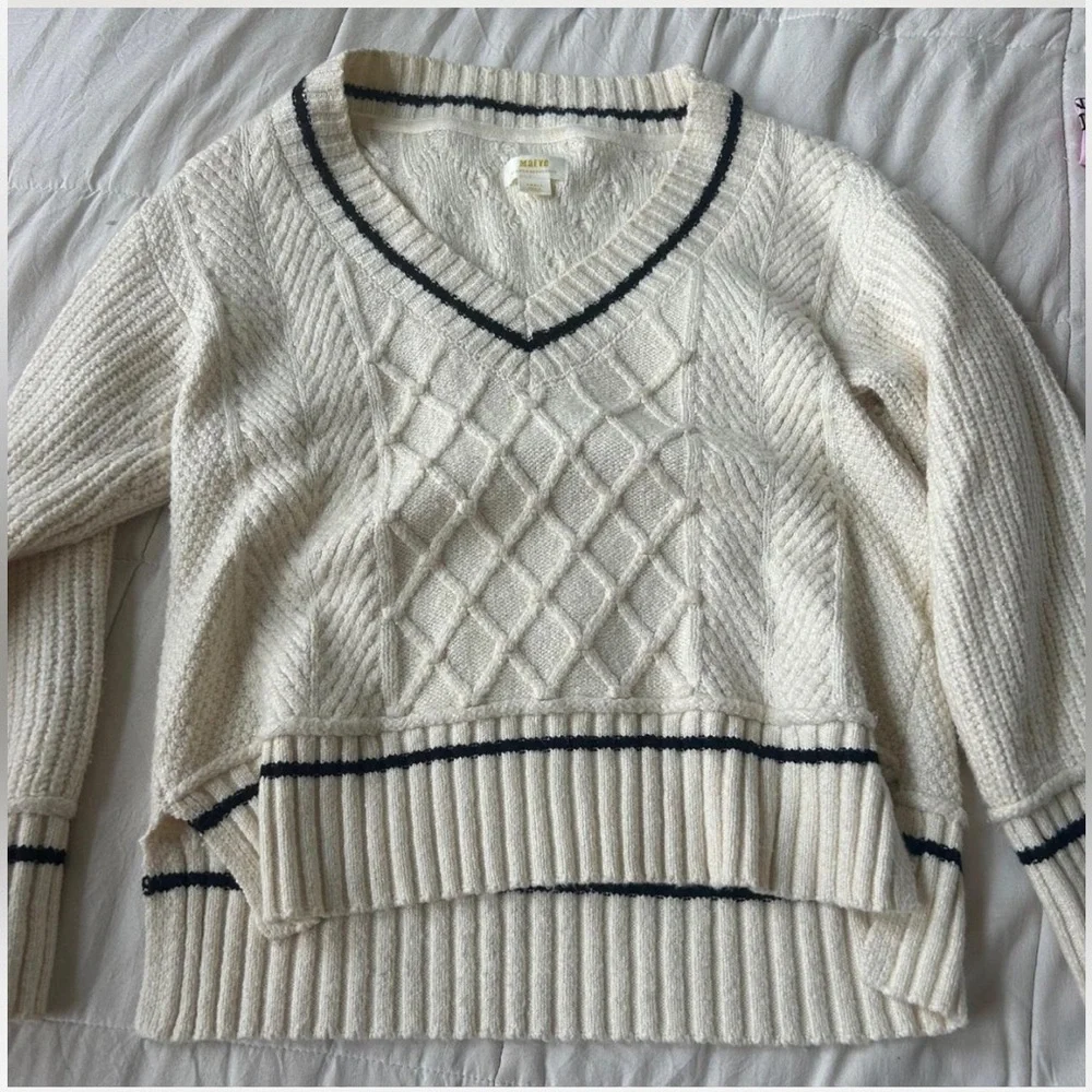 Anthropologie Maeve Cream V-Neck Sweater with Black Trim - Picture 3 of 4